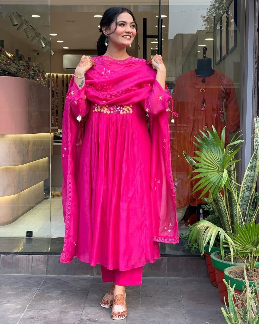Indian Cotton Pink Embroidered  Anarkali Flared Gown Kurti Dress Tunic Style
