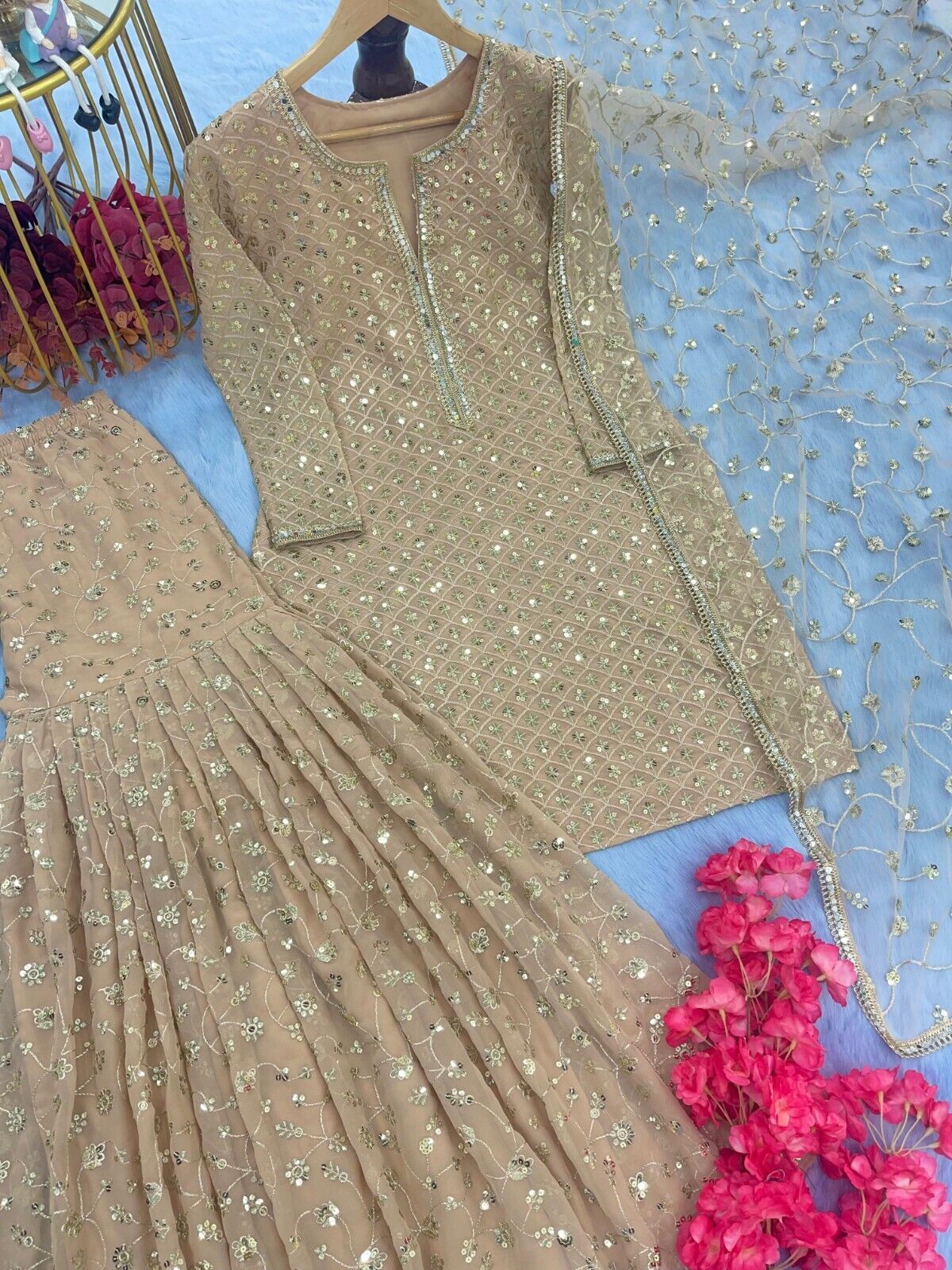 Indian Georgette Sharara Palazzo Kurti Set Readymade Wedding Dress for Girl