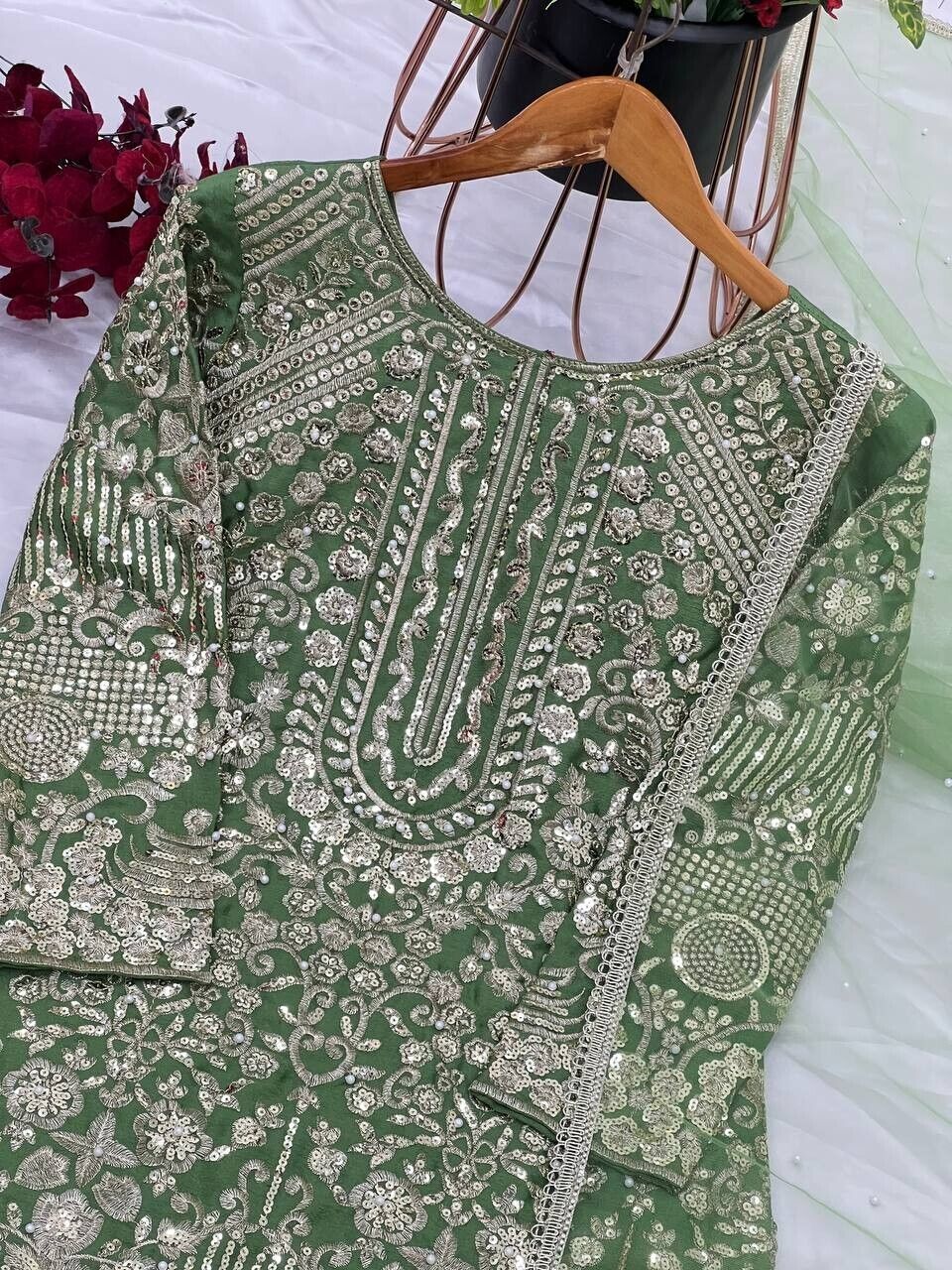 Indian Green Chinnon Silk Sharara Palazzo Salwar Kameez Set with Net Dupatta