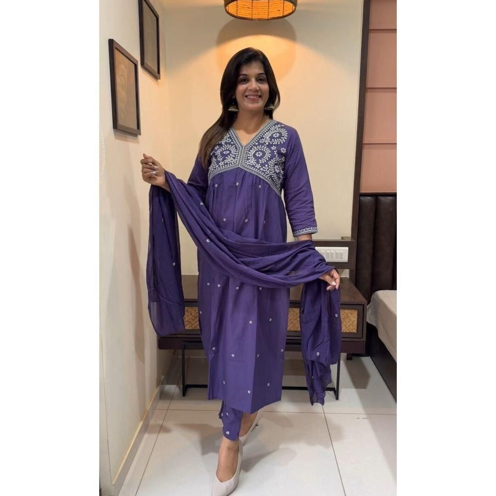 Embroidered cotton  Flared Anarkali Glown Full Length  Kurta,suit 3Pc Set indian