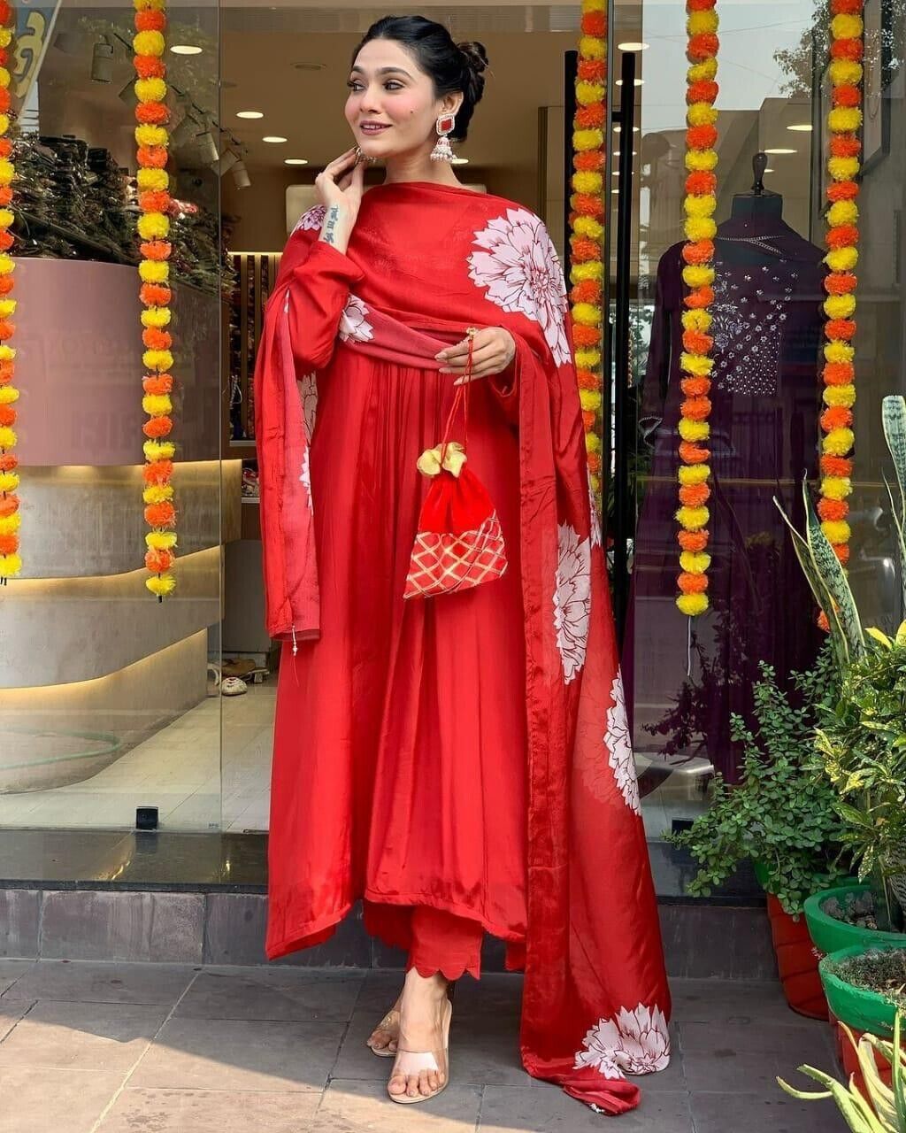 Women’s Red Cotton Anarkali Gown Suit – Bollywood Wear, Pakistani Designer Style