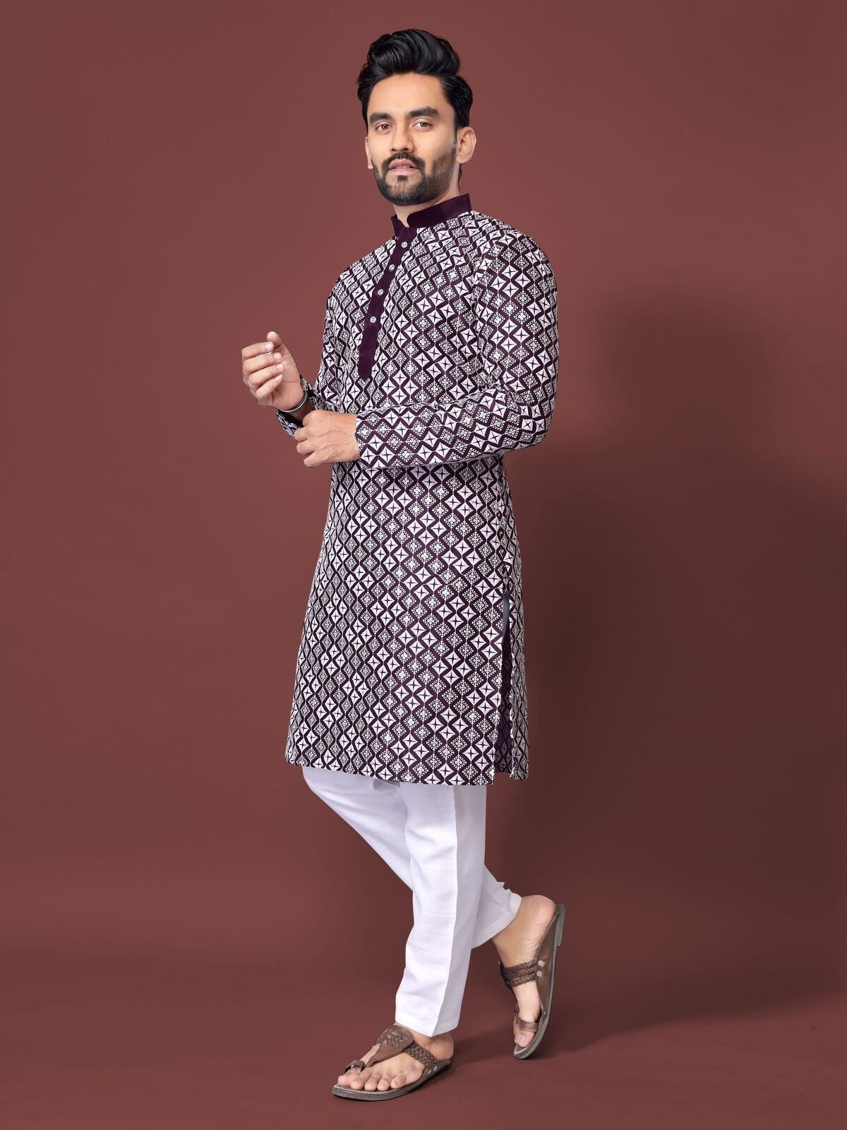 Traditional Men's Wedding Kurta Long Embroidery & Cotton Pajama - Silk Bandhani