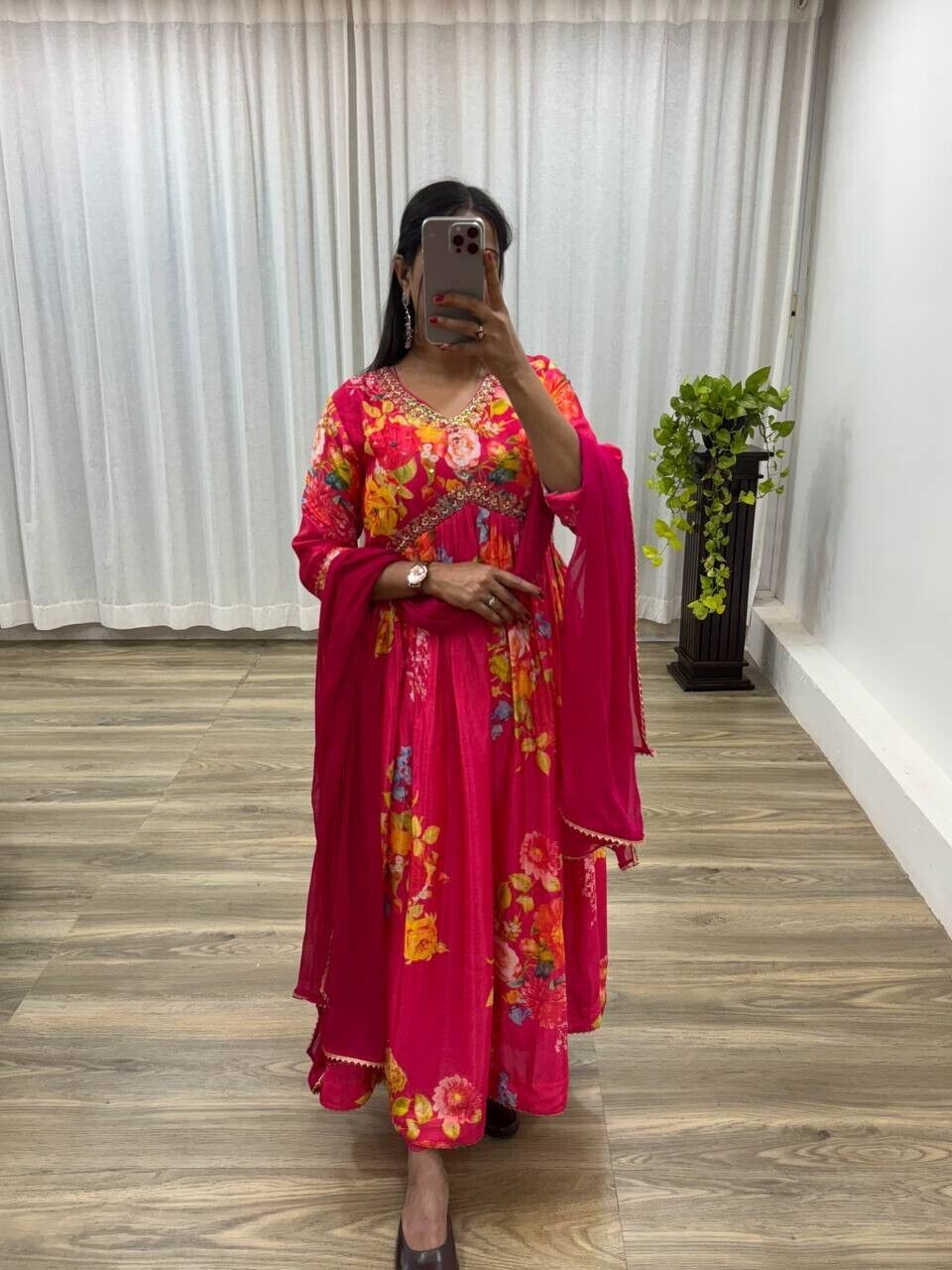 Chinon silk Indian Floral Anarkali Full length flared Gown Set – Readymade