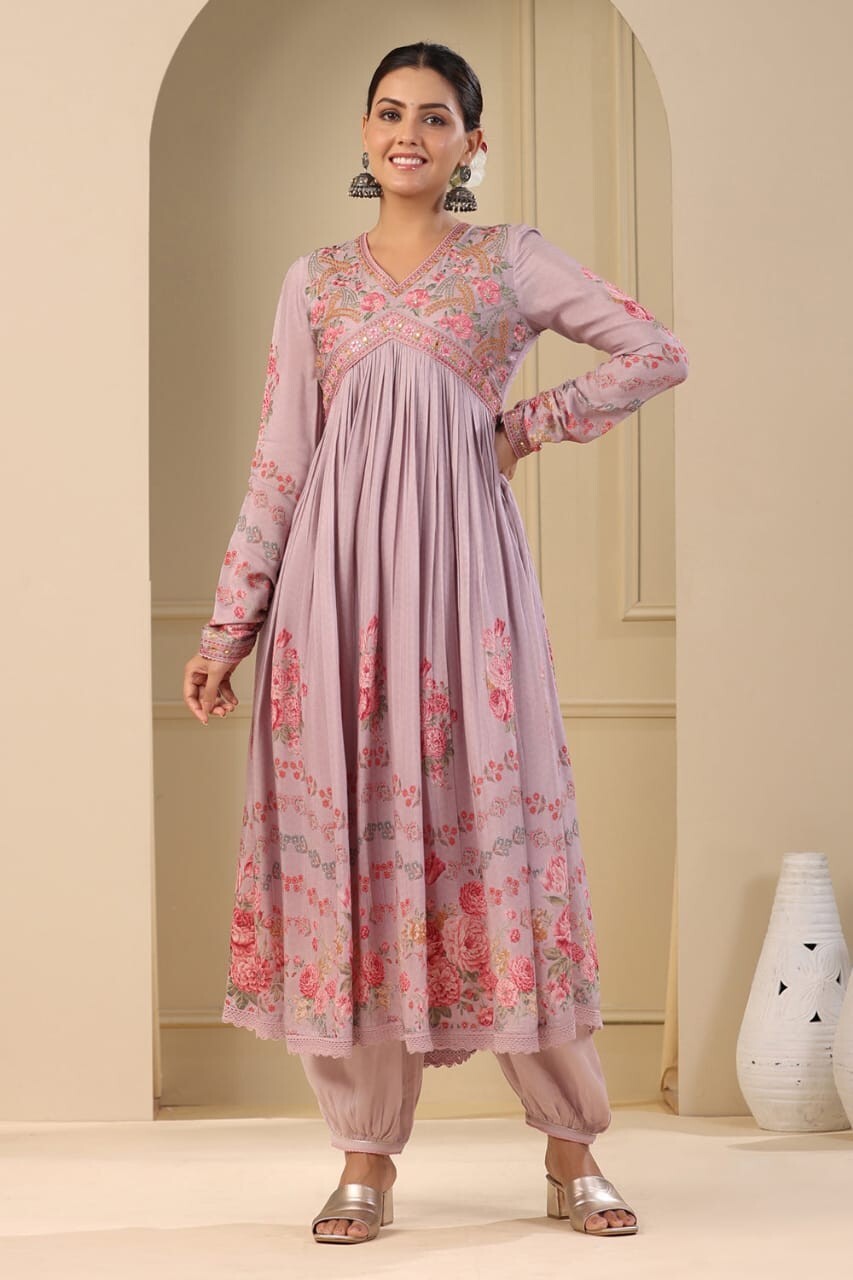 Women's Muslin Silk Alia Cut Salwar kameez Embroidery Digital Shine Print