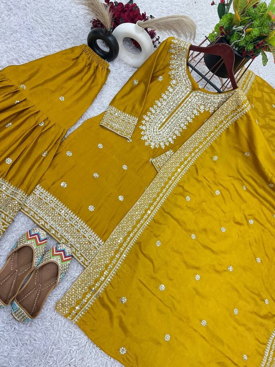 Chinnon Silk Punjabi Sharara Palazzo Salwar Kameez Set with Lace Border Dupatta