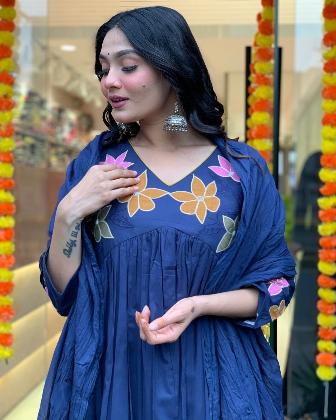 Blue Cotton Anarkali Flared gown full length Kurta Set with Malmal Dupatta