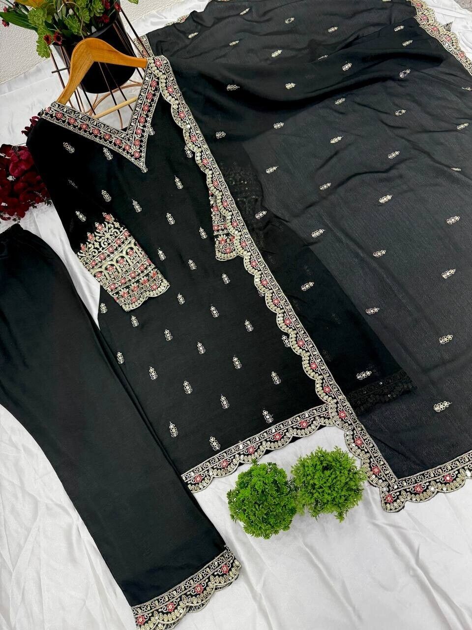 Designer Black Chinnon Silk Salwar Kameez –  Embroidered Suit for parties