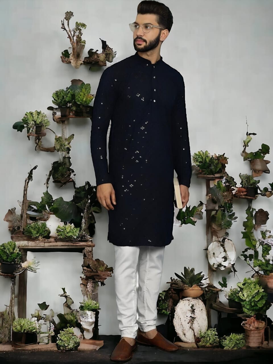 New Party Wear Pure Cotton Men’s  Long Kurta Pajama Black , Wedding Outfit