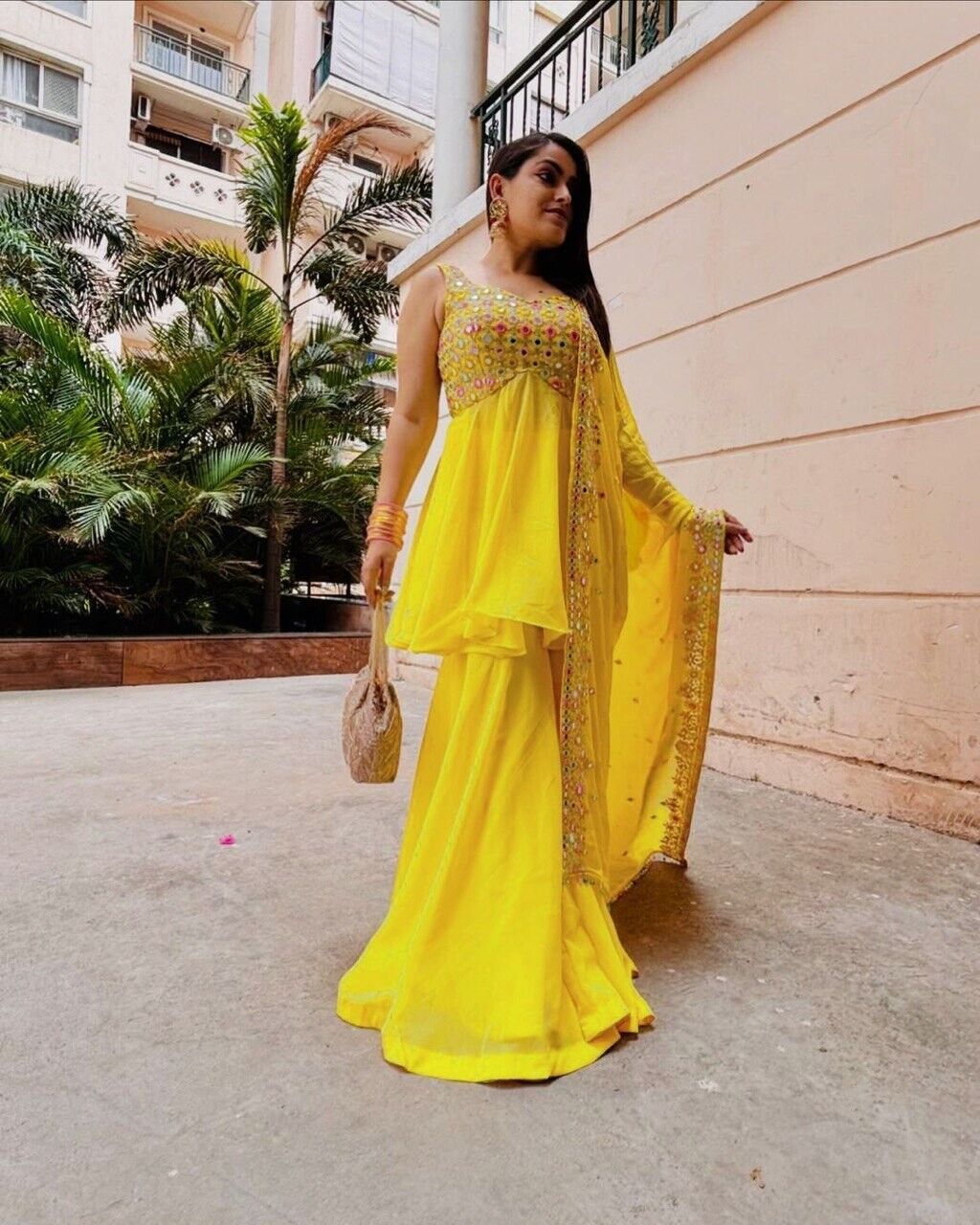 Haldi Outfit for Women - Yellow Plazo Kurti Dupatta Set