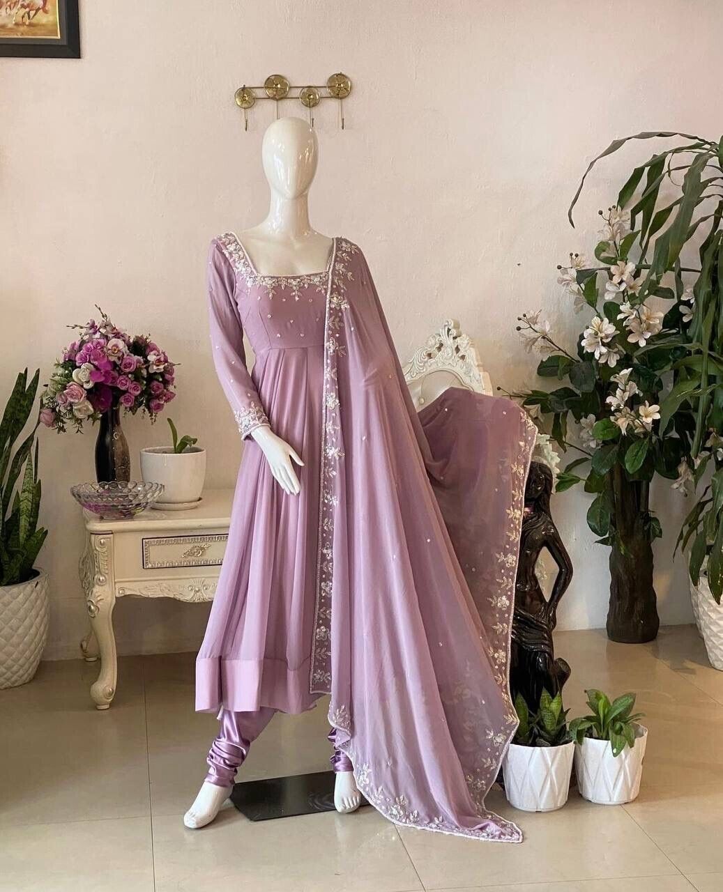 Indian Women Lavender Georgette Anarkali Flared Long Gown Dress Kurti Tunic