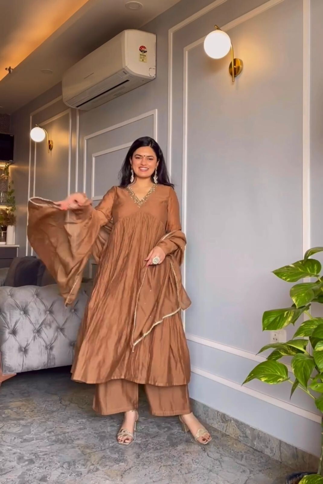Readymade Organza Taby Silk Anarkali Gown Set with Digital Print Dupatta Pant