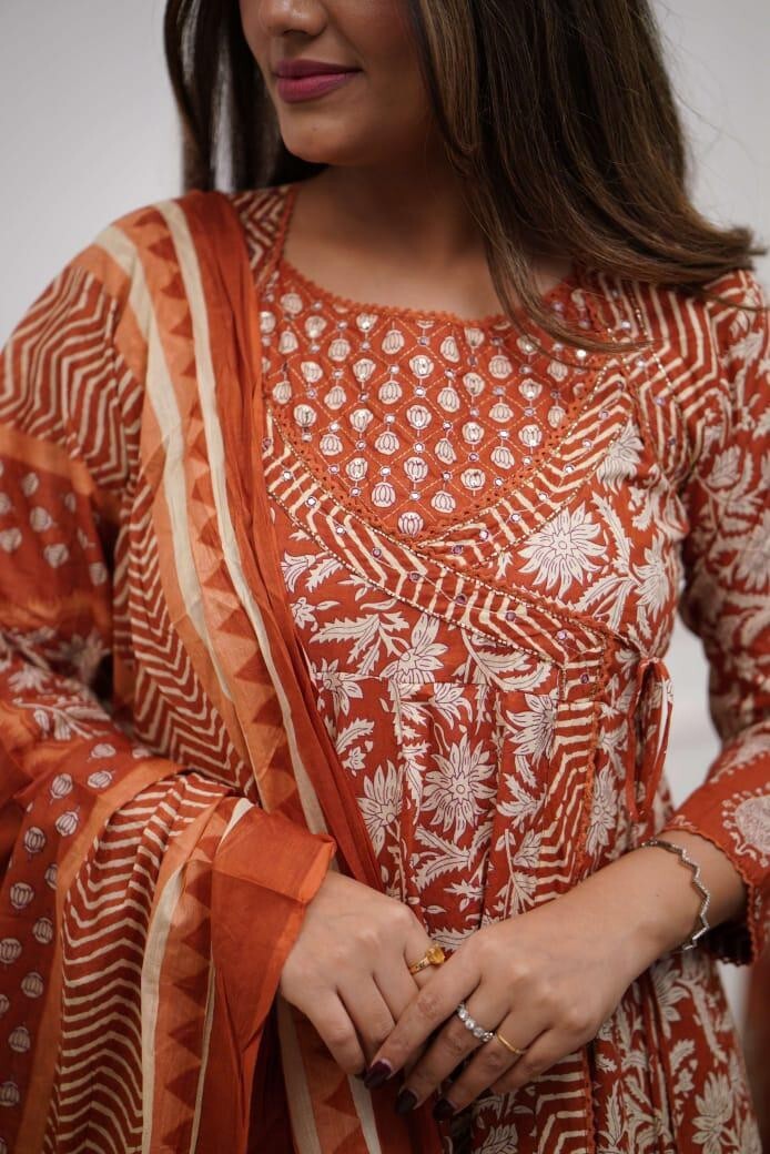 Printed Floral Cotton Anarkali Gown Suit – Bollywood Style Ethnic Wedding Dress