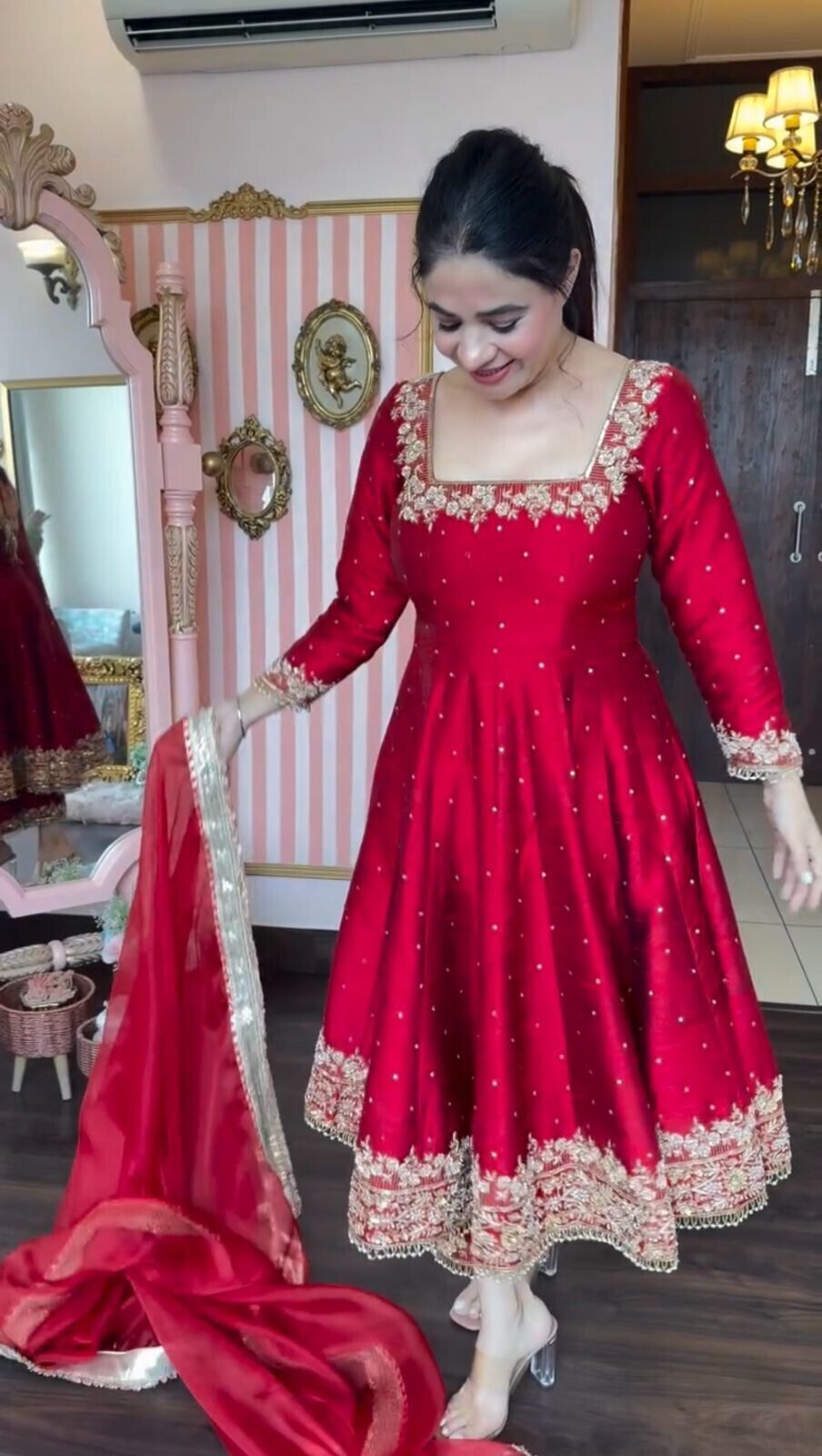 Indian Organza Taby Silk Anarkali Gown Set with Digital Print & Handwork