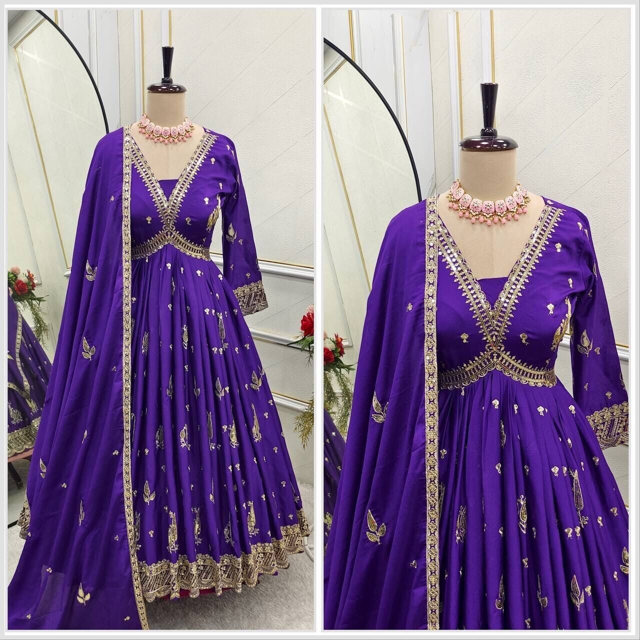 Chinnon Silk Flared Anarkali Gown pant Dupatta Indian Dress designer Stitched