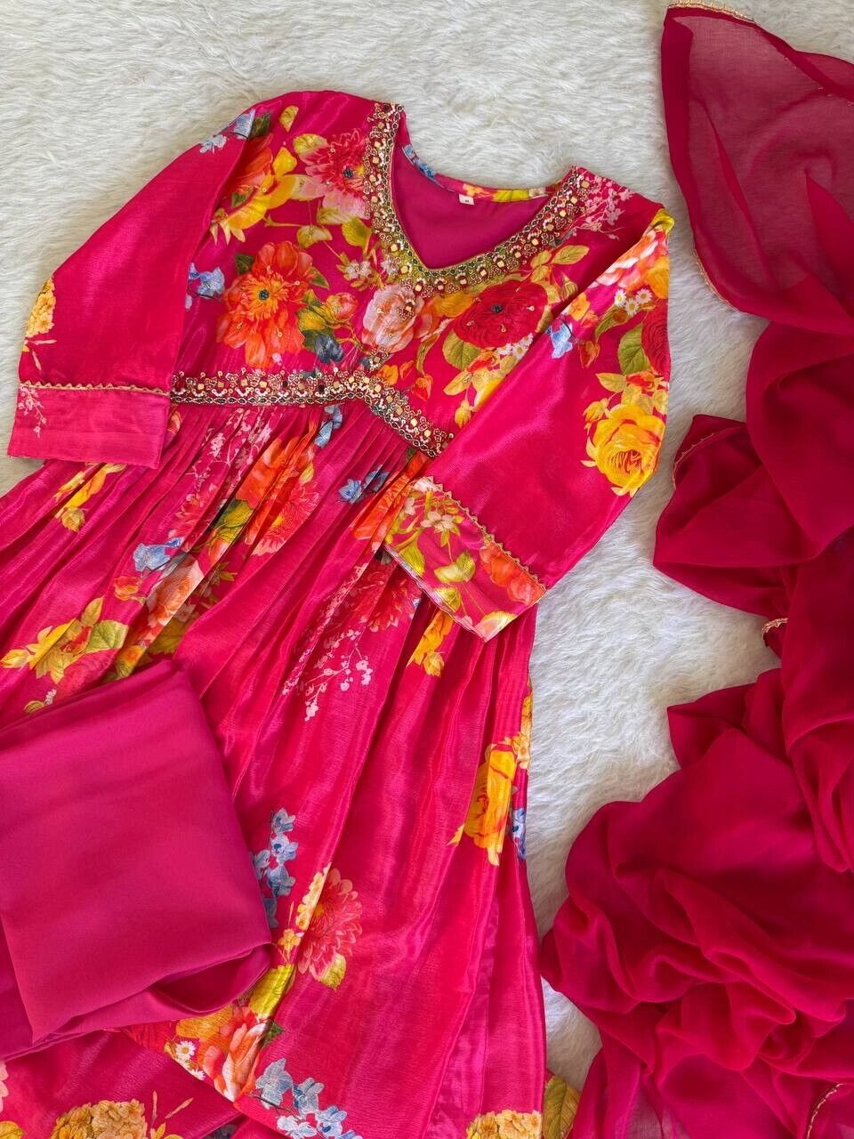 Chinon silk Indian Floral Anarkali Full length flared Gown Set – Readymade