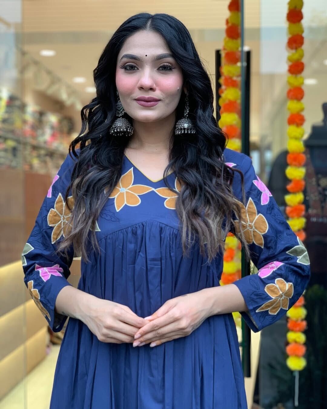 Blue Cotton Anarkali Flared gown full length Kurta Set with Malmal Dupatta
