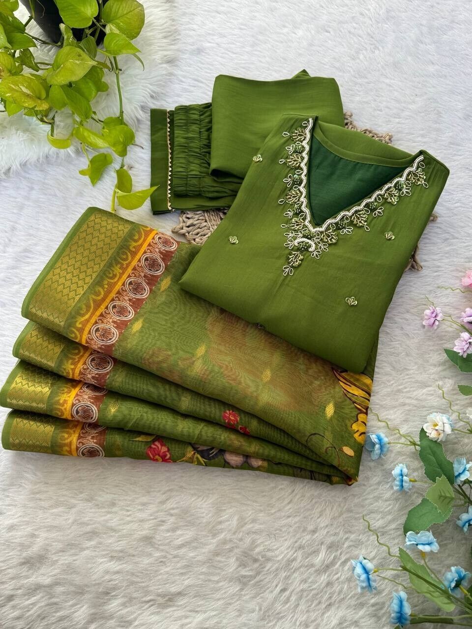 Roman Silk Kurti Pant Dupatta Set – Handwork Detailing Salwar kameez Jacquard