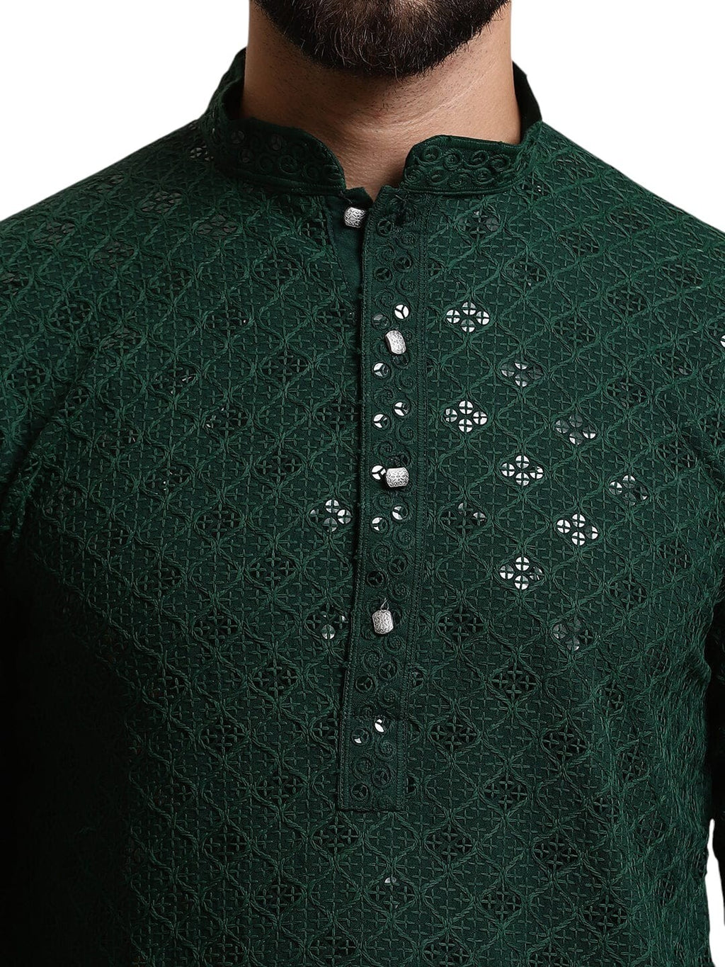 Party Wear Green Embroidered Pure Cotton Long Shirt Kurta Pajama Pooja Kurta