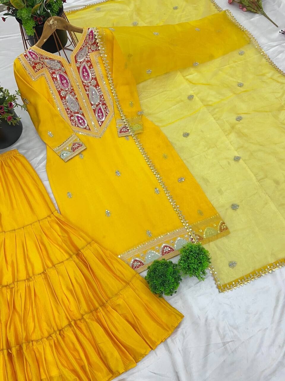 Pakistani Yellow  Embroidered Sequins Chinon Silk Gharara Dress , sharara suit