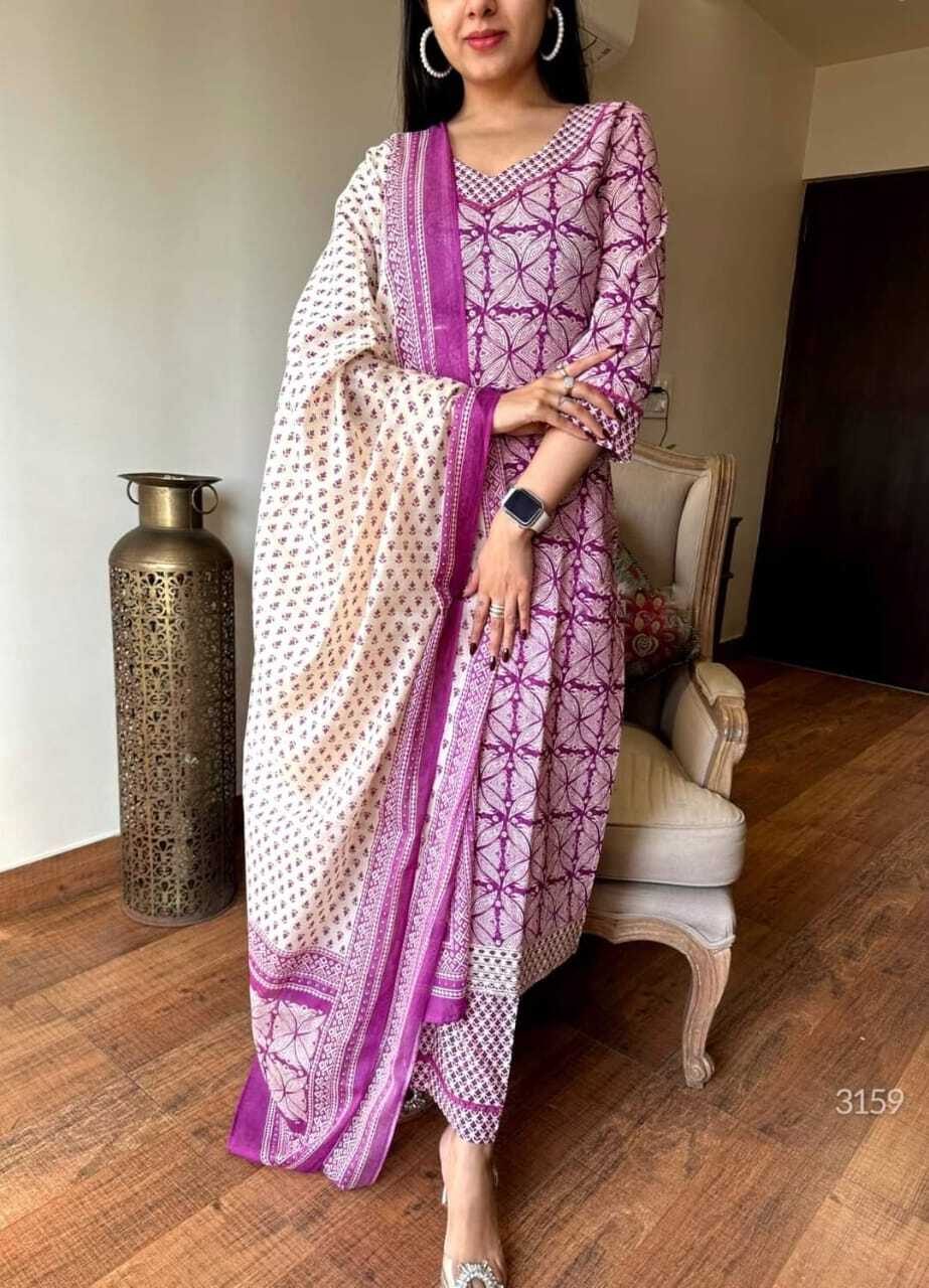 Indian Pakistani Salwar Kameez Set – Cotton Kurti, Pant & Dupatta Fully Stitched