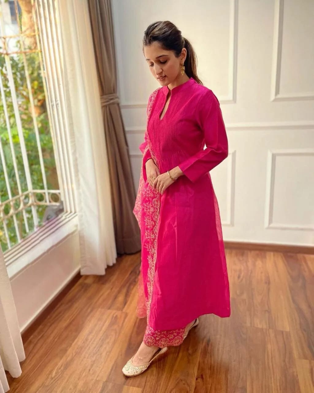 Party Heavy Chanderi Readymade Pink Salwar Kameez With Printed Organza Dupatta