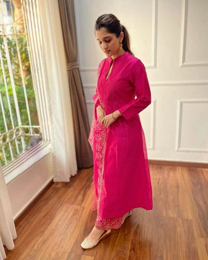 Party Heavy Chanderi Readymade Pink Salwar Kameez With Printed Organza Dupatta