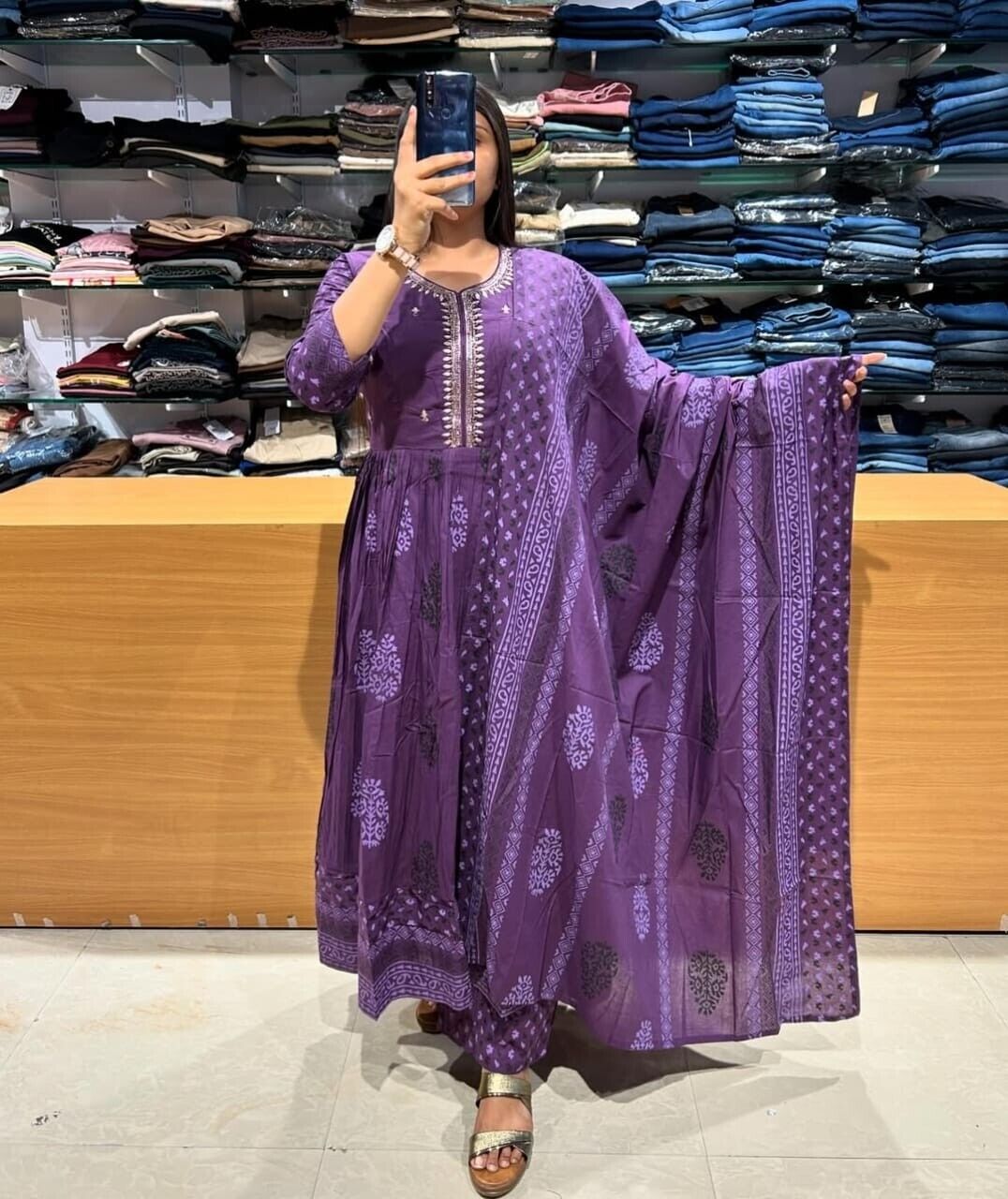 Indian Women Purple Cotton Floral Printed Anarkali Flared Kurta Kurti Long Dress