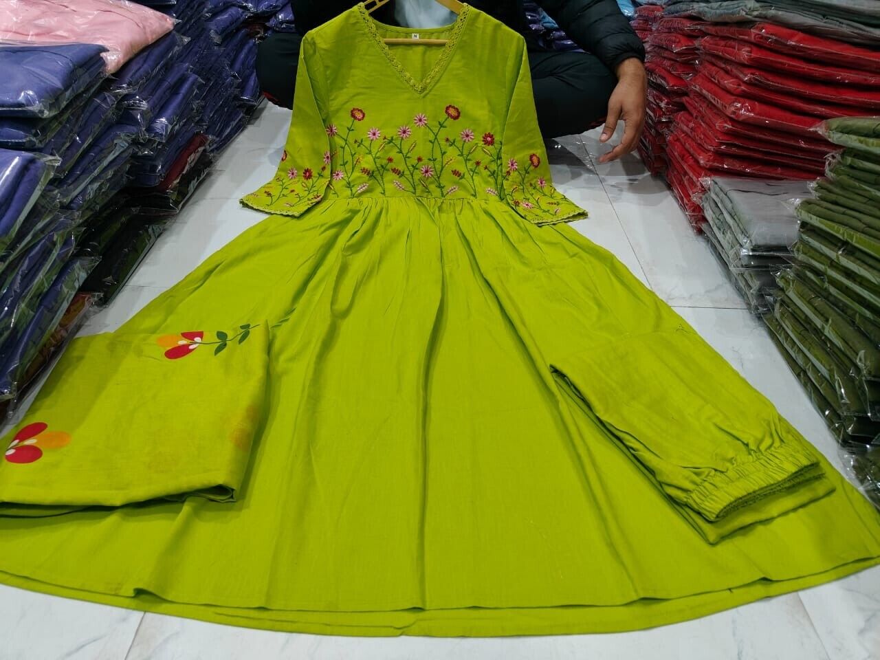 Anarkali Flared Gown Cotton Kurta Pant Set with Malmal Dupatta  3 Piece Set