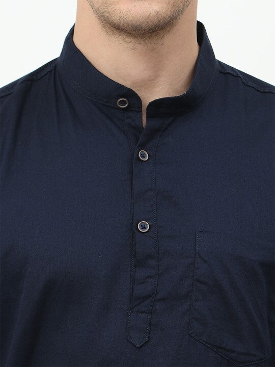 Cotton High Quality Men’s Short Shirt  Kurta Party Wear Solid Navy Blue