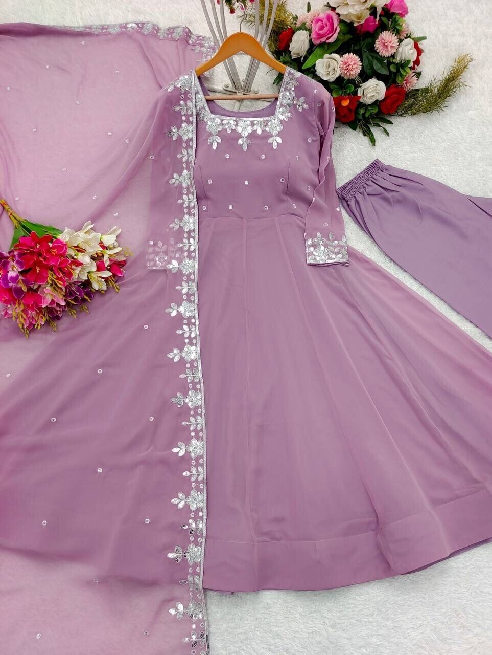 Indian Women Lavender Georgette Anarkali Flared Long Gown Dress Kurti Tunic