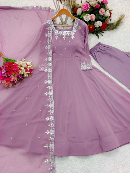 Indian Women Lavender Georgette Anarkali Flared Long Gown Dress Kurti Tunic