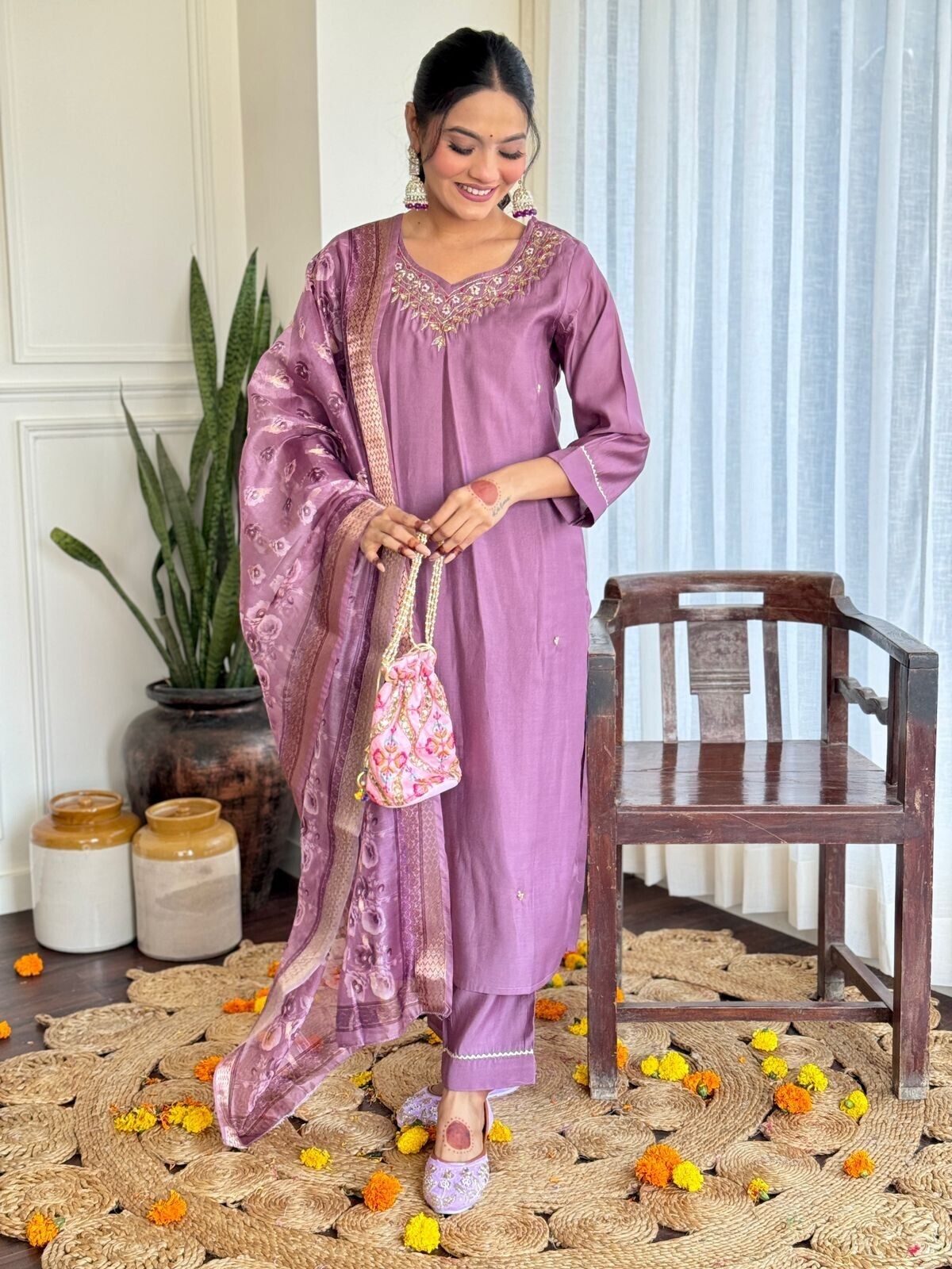 Women Elegant Romen Silk Kurta Pant  Chanderi Dupatta Salwar kameez suit