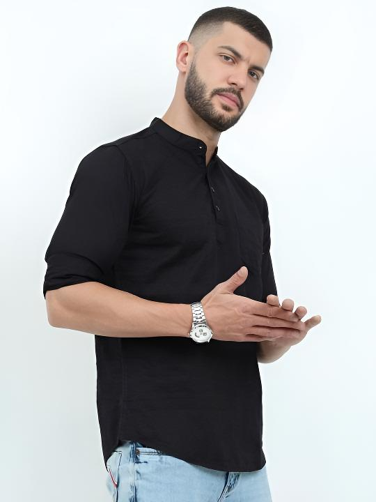 Pakistani Pure Cotton Short Kurta Tunic shirt  Men’s  Solid Black Plus Size S-7X