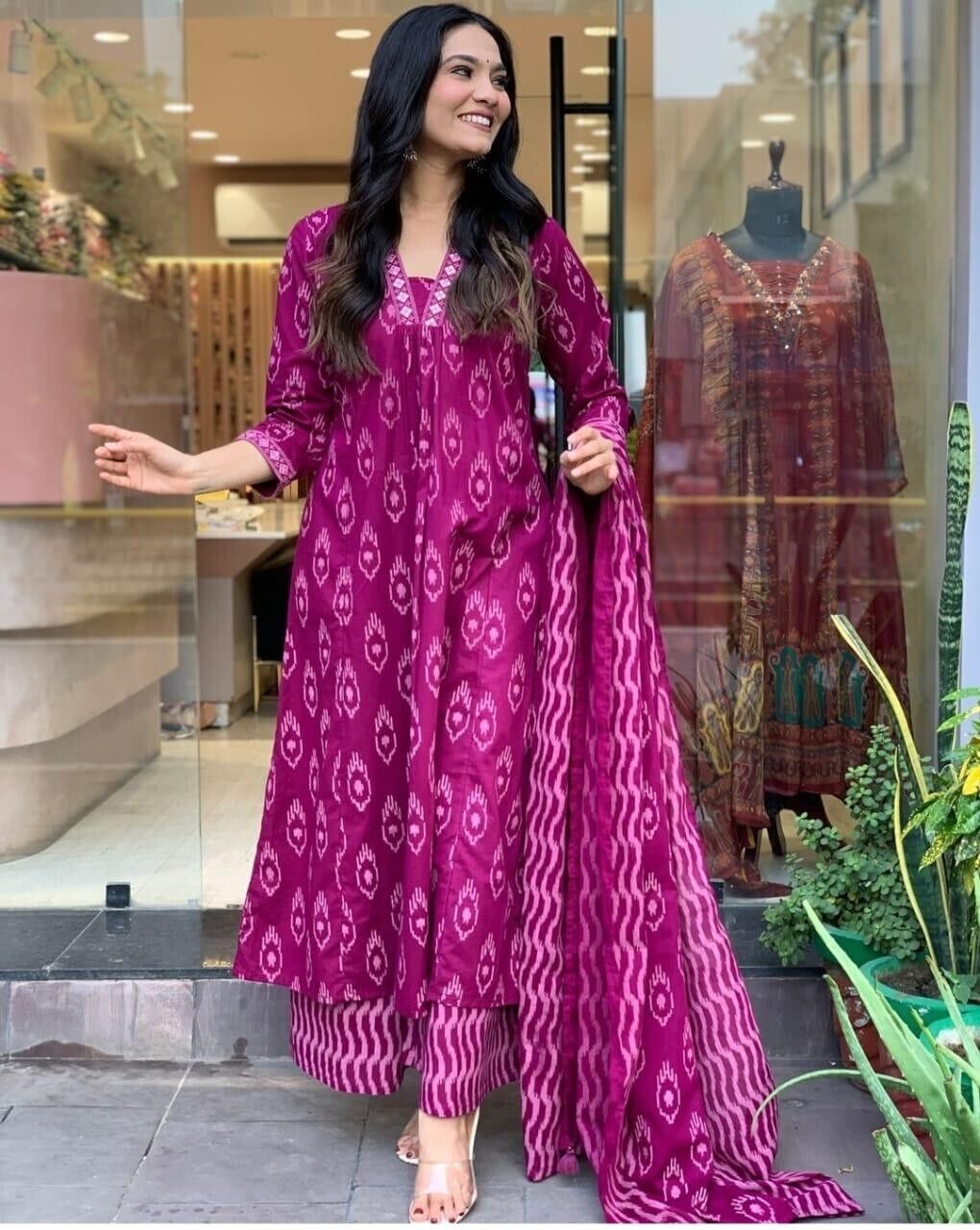 New Cotton Women Anarkali Flared Gown with Pant Salwar suit Embroidery work