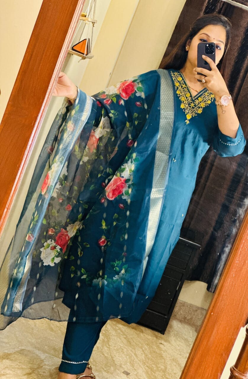 Blue Roman Silk Salwar kameez Pant Dupatta Set – Fully Stitched Festival Wear