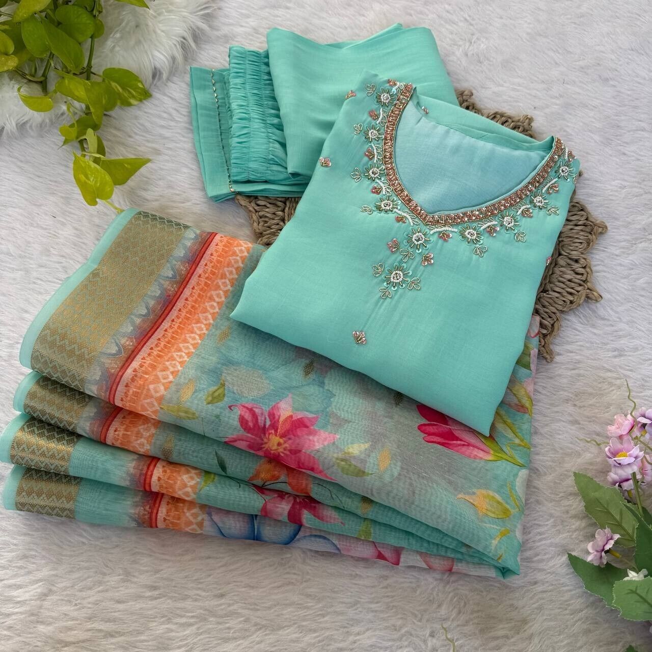 Roman Silk Kurti Pant Dupatta Set – Handwork Detailing Salwar kameez Jacquard