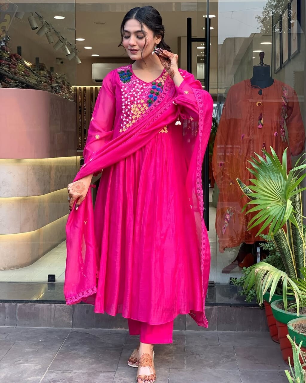 Indian Cotton Pink Embroidered  Anarkali Flared Gown Kurti Dress Tunic Style