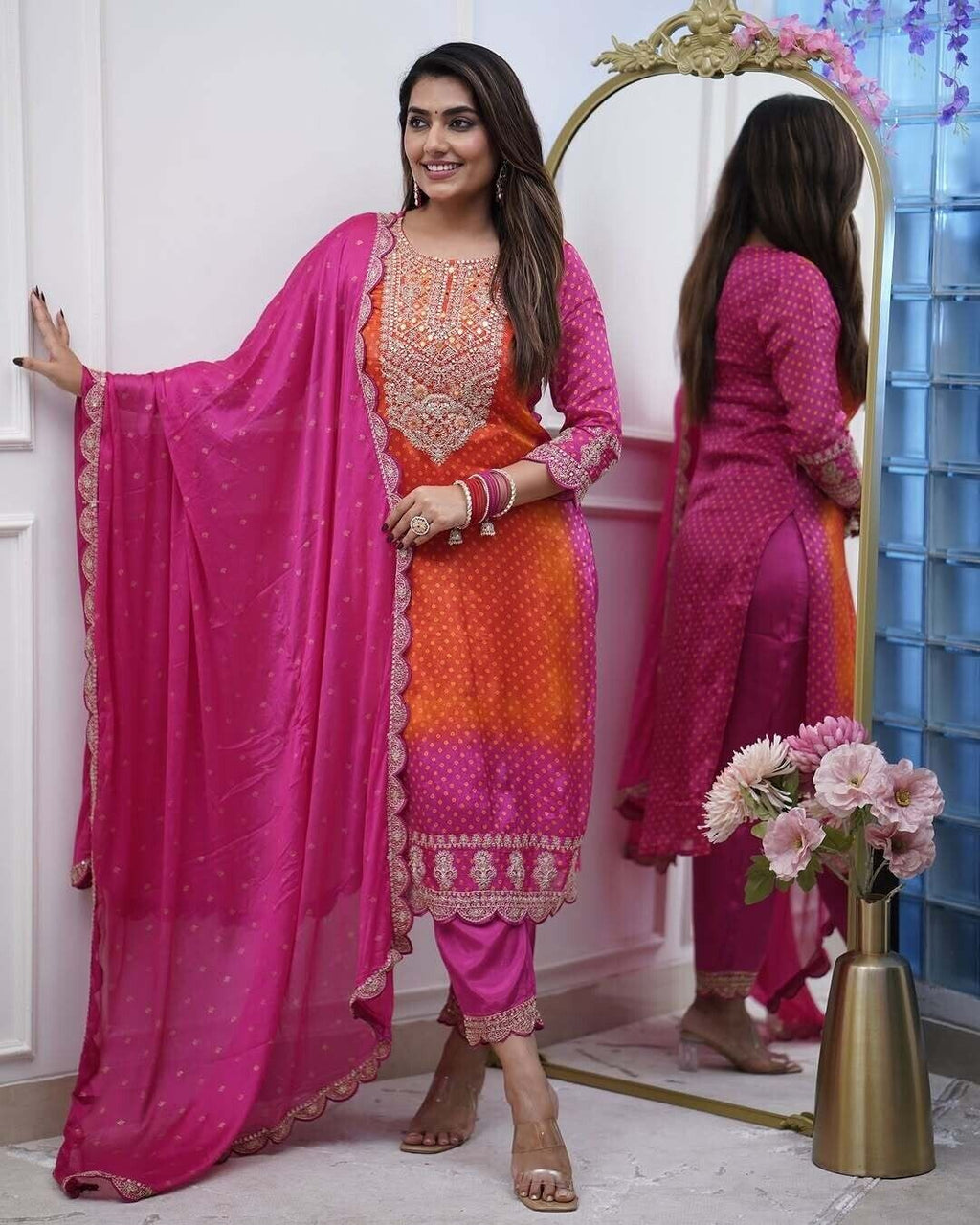 Chinon Silk Pakistani Pink Salwar Kameez Readymade Indian Wedding Partywear 3PC