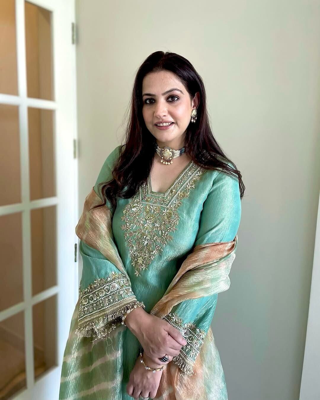 Pure Crunchy Silk Embroidered Party Wear Suit with Sharara & Dupatta