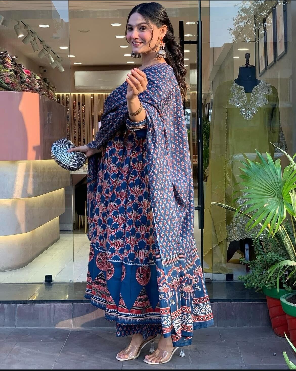 Women’s Blue Rayon Printed Anarkali Gown Set – Kurti, Pant & Dupatta (3-Piece Se