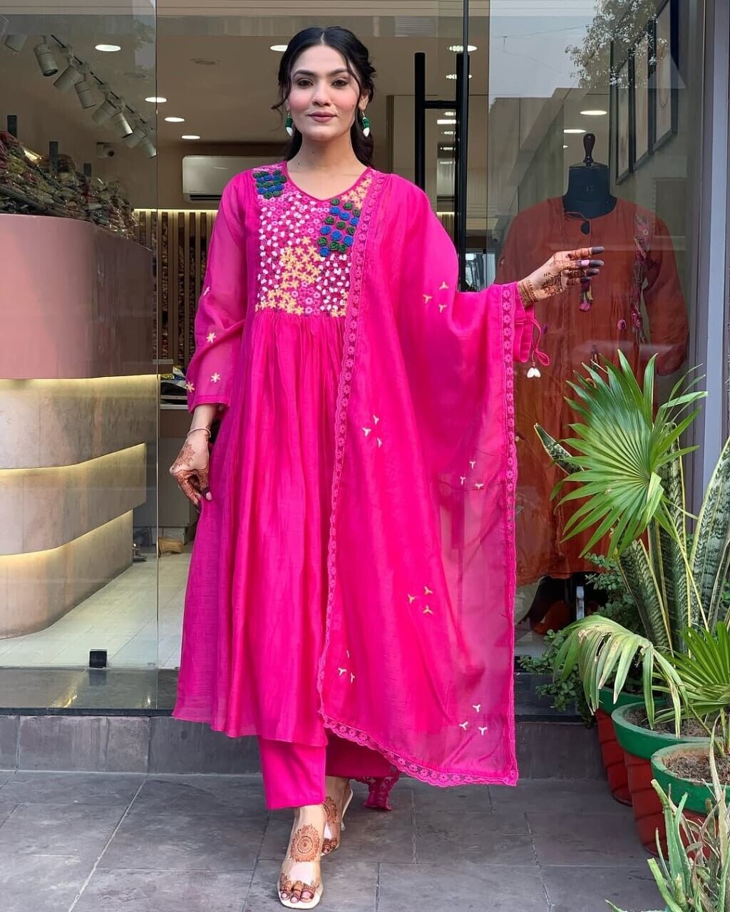 Indian Cotton Pink Embroidered  Anarkali Flared Gown Kurti Dress Tunic Style