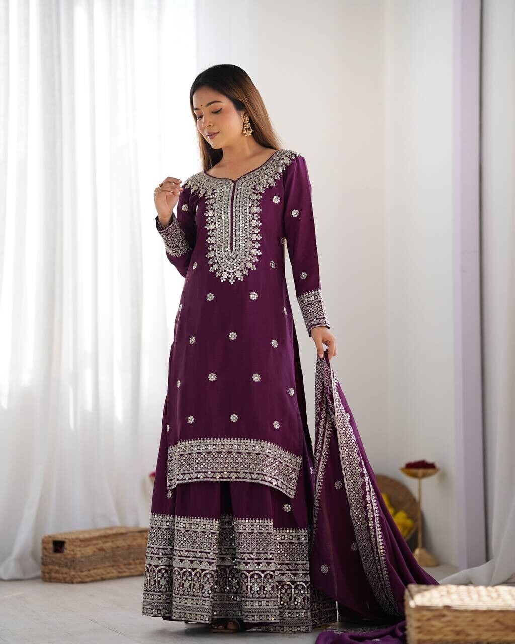 Chinnon Silk Punjabi Sharara Palazzo Salwar Kameez Set with Lace Border Dupatta