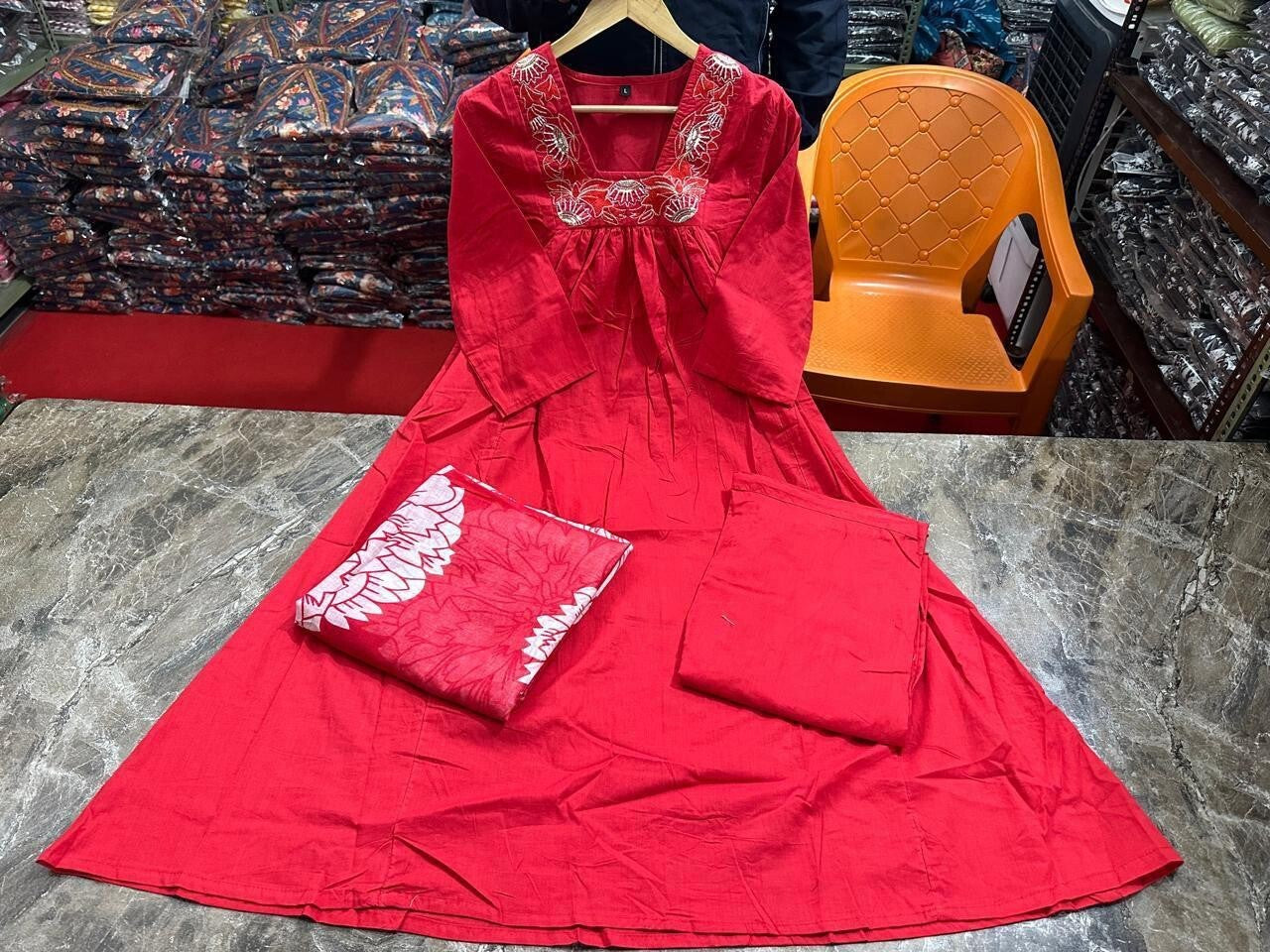 Women’s Red Cotton Anarkali Gown Suit – Bollywood Wear, Pakistani Designer Style