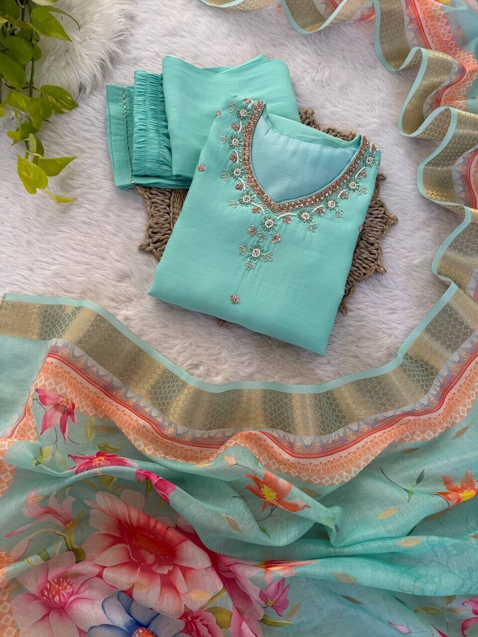 Roman Silk Kurti Pant Dupatta Set – Handwork Detailing Salwar kameez Jacquard