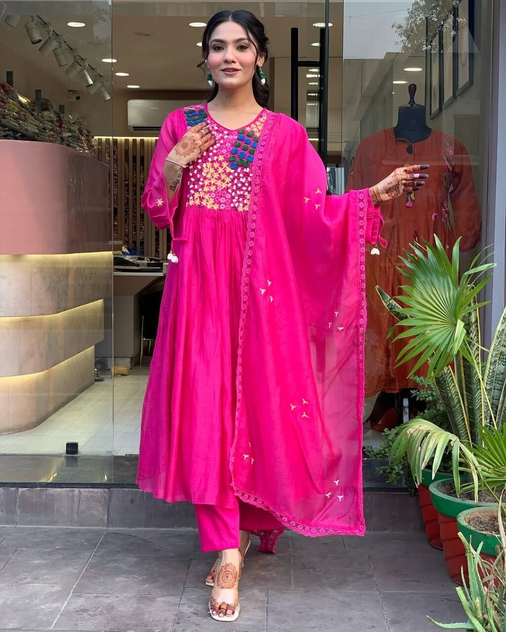 Indian Cotton Pink Embroidered  Anarkali Flared Gown Kurti Dress Tunic Style
