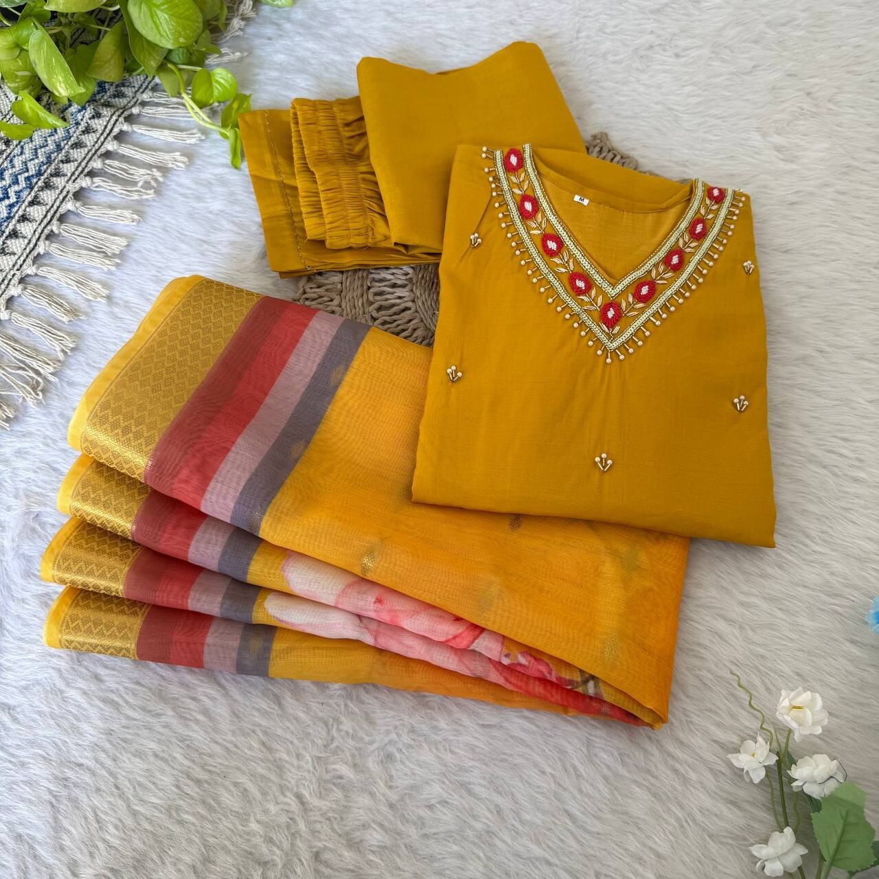 Roman Silk Kurti Pant Dupatta Set – Handwork Detailing Salwar kameez Jacquard