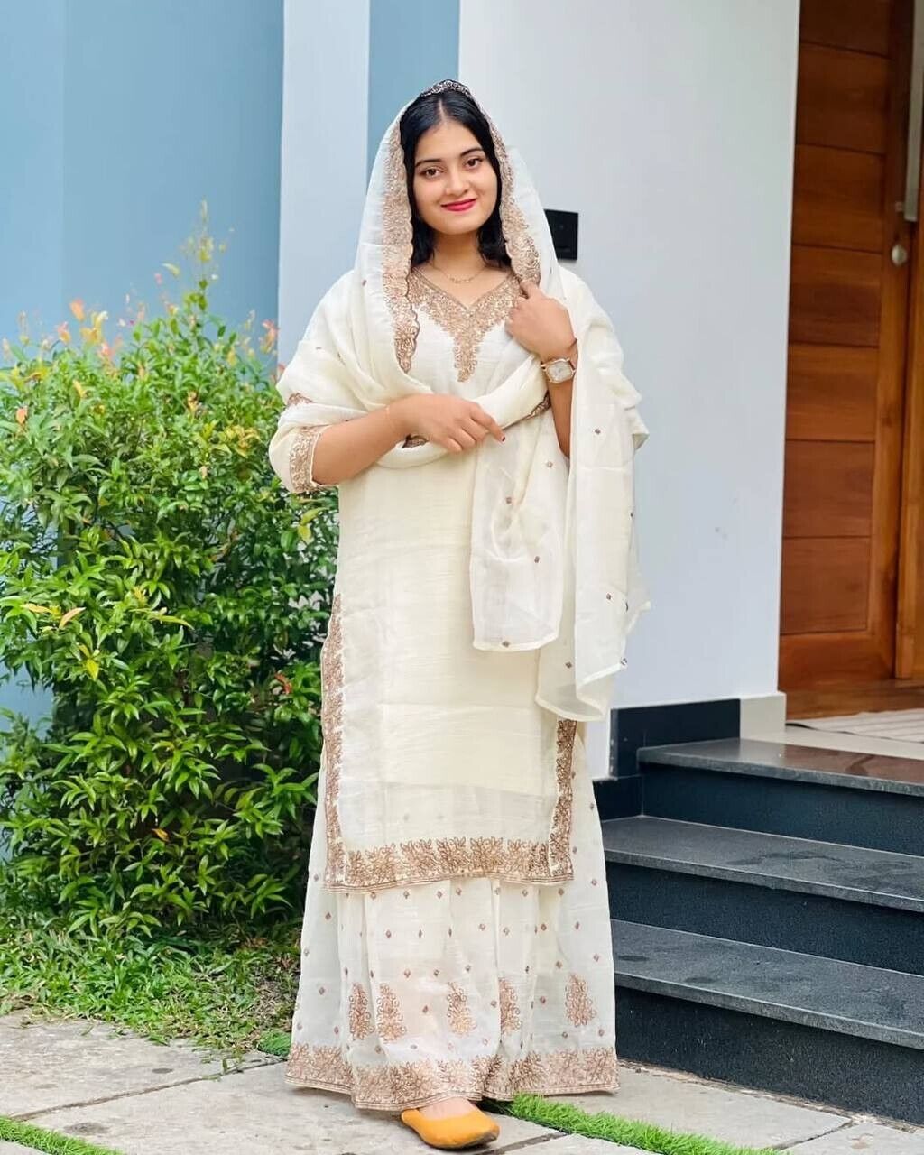 White Crunchy Silk Pakistani Salwar Kameez Sharara Suit with Embroidered Dupatta