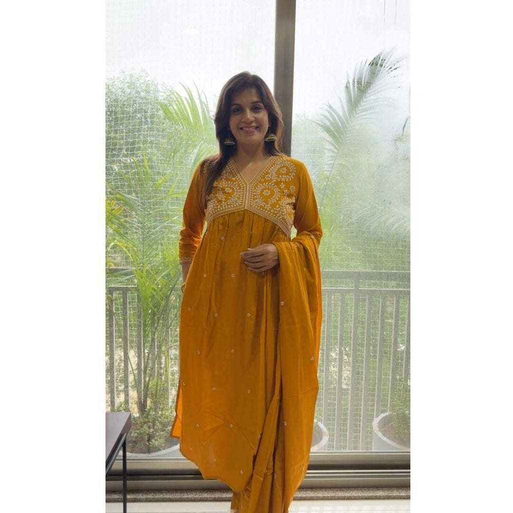 Embroidered cotton  Flared Anarkali Glown Full Length  Kurta,suit 3Pc Set indian