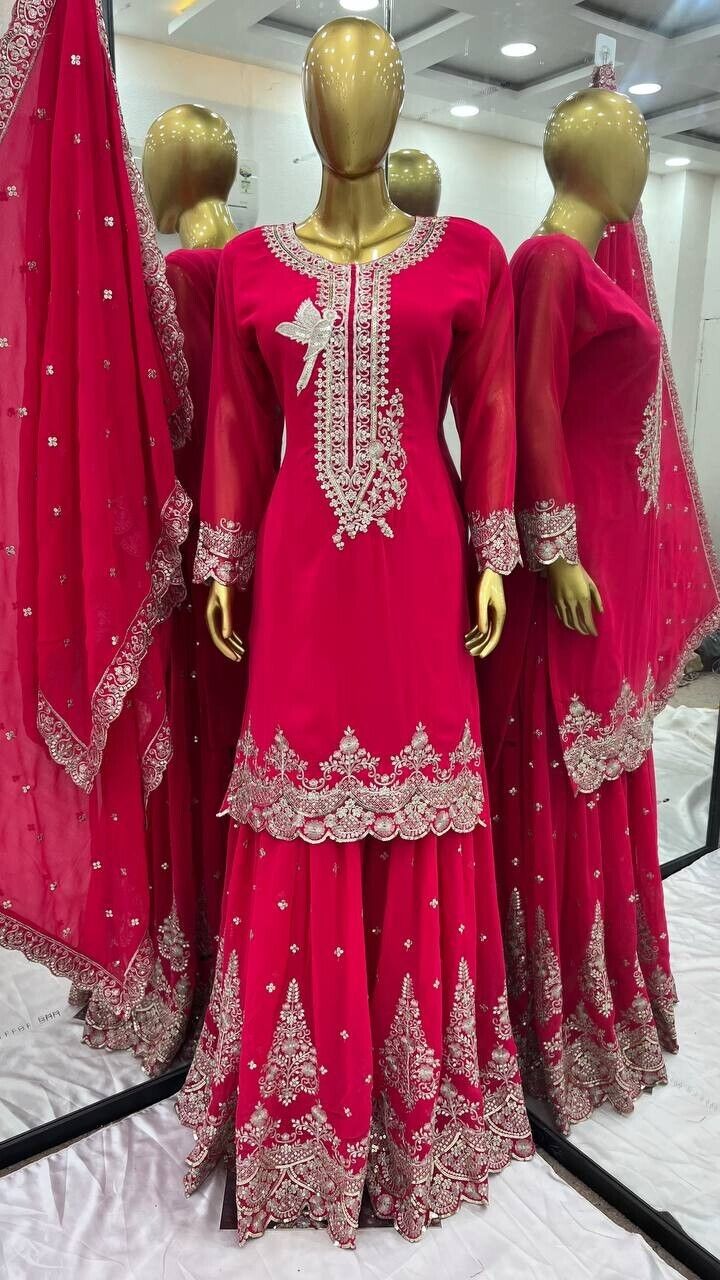 Pink Pakistani Sharara Dress with Embroidered Sequins in Faux Georgette Readymad
