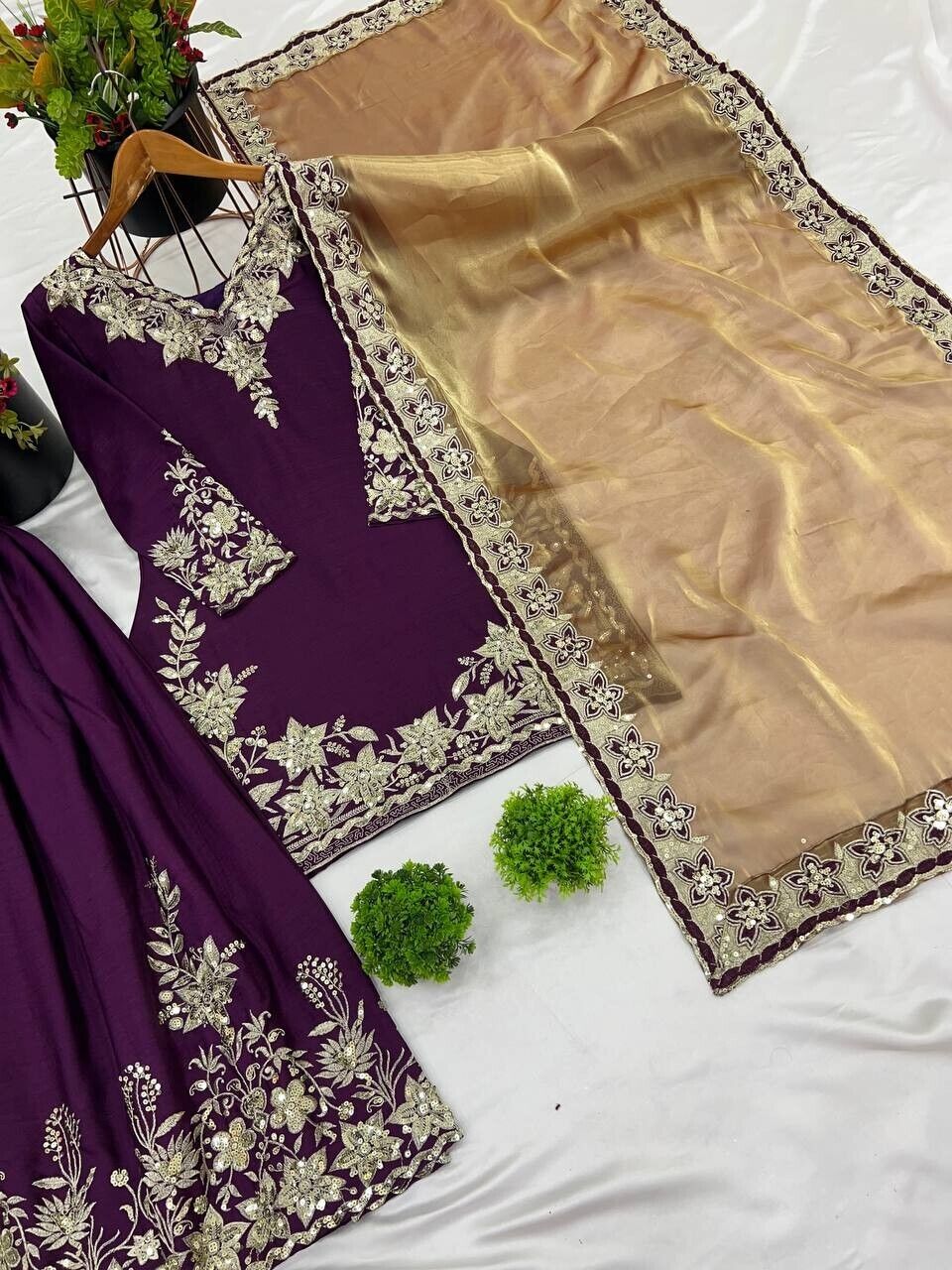 Chinon Silk Embroidered Palazzo Suit Set – Fully Stitched Partywear Sharara